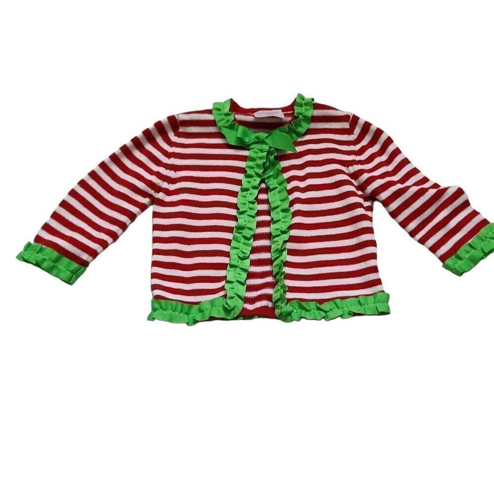 Mud Pie Girls Sz 12-18 M Red White Striped Cardigan Sweater Green Ribbon Trim